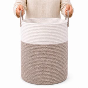 OrganiHaus XL Cotton Rope Basket: Tall Brown & Off White Blanket Storage