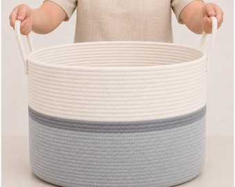 OrganiHaus XXL Cotton Rope Basket: Gray & White Nursery Storage, 20"x13"