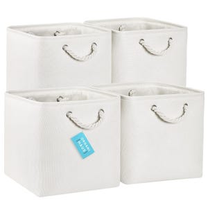 OrganiHaus Set of 4 Fabric Storage Cubes: Off White Baskets with Rope Handles