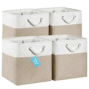 OrganiHaus Set of 4 Fabric Cubes Storage Baskets with Rope Handles 12x12 - Beige Base / Off-White