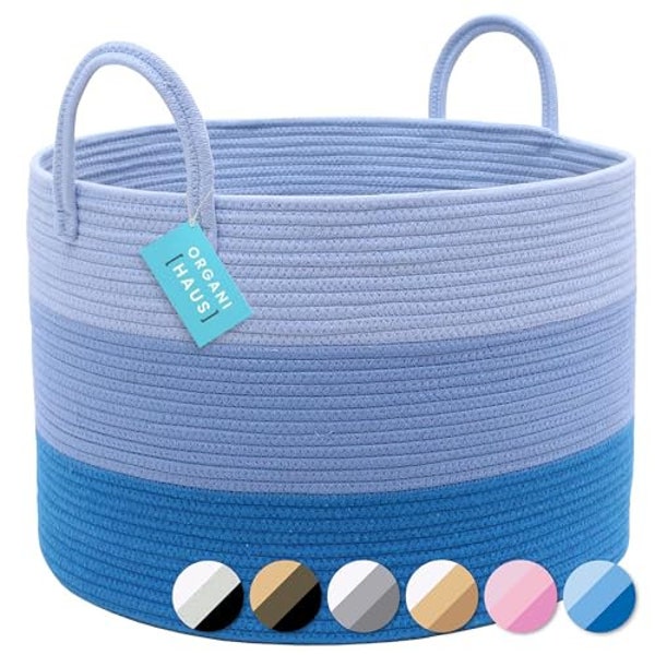 OrganiHaus Cotton Rope Baskets for Organizing | Boho Laundry Basket | Decorative Storage Basket | Laundry Hamper for Nursery - Blue (20x13)