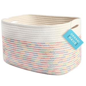 OrganiHaus Cotton Rope Storage Basket, Nursery Bathroom Organizer, 15x10x9in - Rainbow / Off-White