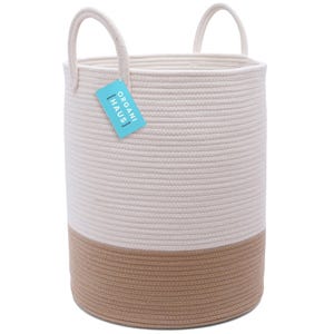 OrganiHaus XL Cotton Rope Basket in Honey/White |15x18 Tall Storage Basket | Decorative Blanket Basket for Living Room and Laundry