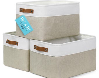 OrganiHaus Fabric Storage Baskets for Shelves - 3 Pack | Large Closet Storage Bins for Shelves | Cloth Baskets 15x11in- Beige/White