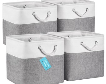 OrganiHaus Set of 4 Fabric Cubes Storage Baskets with Rope Handles 12x12 - Gray Base / Off-White