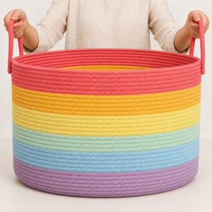 OrganiHaus Rainbow Cotton Rope Storage Basket with Handles 20”x13” | Colorful Unicorn Decor for Kids Toy Storage Baskets for Organizing