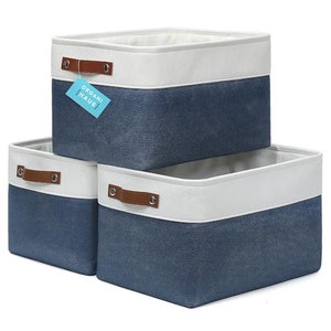 OrganiHaus Fabric Storage Baskets for Shelves - 3 Pack | Large Closet Storage Bins for Shelves | Cloth Baskets 15x11in - Navy Blue