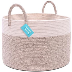 OrganiHaus XXL Cotton Rope Basket | Wide 20”x13” Storage Basket with Long Handles | Decorative Large Basket for Blankets (Brown - Off White)