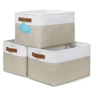 OrganiHaus Fabric Storage Baskets with Vegan Leather Handles - Beige & White, 3-Pack