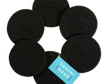 OrganiHaus Cotton Rope Cup Coasters, Set of 6, Handmade Farmhouse, Absorbent Coaster - Full Black