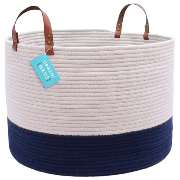 OrganiHaus XXL Extra Large Cotton Rope Basket with Real Leather Handles | Wide 20"x13" Woven Storage Blanket Baskets | Off White/Navy Blue