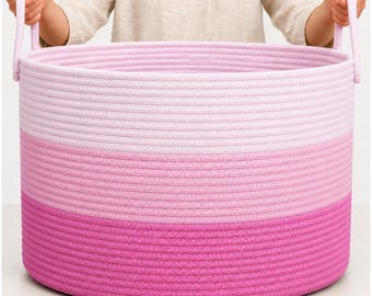 OrganiHaus XXL Cotton Rope Basket | Wide 20”x13” Storage Basket with Long Handles | Decorative Large Basket for Blankets (3-Tone Pink)
