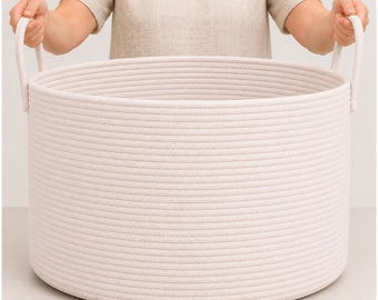 OrganiHaus XXL Cotton Rope Basket | Wide 20”x13” Storage Basket with Long Handles | Decorative Large Basket for Blankets (Full Off White)