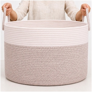 OrganiHaus XXL Cotton Rope Basket | Wide 20”x13” Storage Basket with Long Handles | Decorative Large Basket for Blankets (Brown - Off White)
