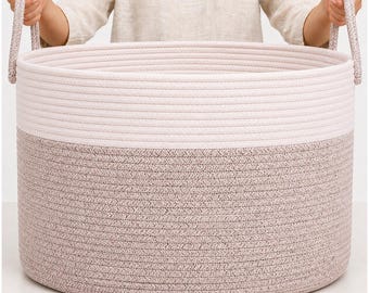 OrganiHaus XXL Cotton Rope Basket | Wide 20”x13” Storage Basket with Long Handles | Decorative Large Basket for Blankets (Brown - Off White)
