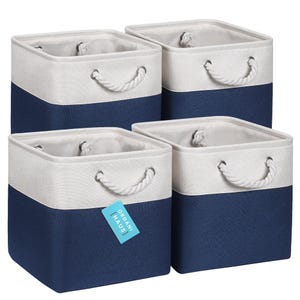 Navy Blue Fabric Storage Cubes - Set of 4, Rope Handles