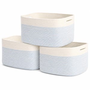 OrganiHaus Rope Storage Baskets Set of 3, Nursery Decor Organizer, 15x10x9in - Blue/Off-White