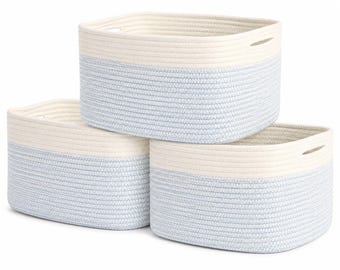 OrganiHaus Rope Storage Baskets Set of 3, Nursery Decor Organizer, 15x10x9in - Blue/Off-White