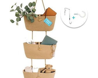 OrganiHaus Rope Over The Door Basket: 3-Tier Hanging Wall Storage - Honey