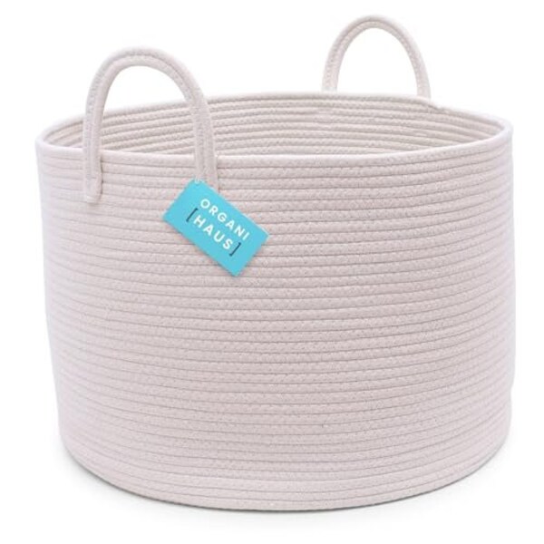 OrganiHaus XXL Cotton Rope Basket | Wide 20”x13” Storage Basket with Long Handles | Decorative Large Basket for Blankets (Full Off White)