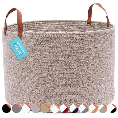 OrganiHaus XXL Extra Large Cotton Rope Basket with Real Leather Handles | Wide 20"x13" Woven Storage Blanket Baskets | Full Brown