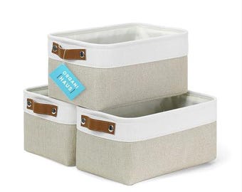 OrganiHaus Fabric Storage Baskets for Shelves - 3 Pack | Small Closet Bins for Shelves | Cloth Baskets for Organizing 12x08" - Beige/White