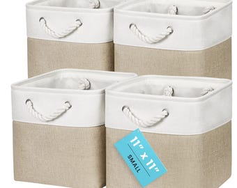 OrganiHaus Set of 4 Fabric Cubes Storage Baskets with Rope Handles 11x11 - Beige Base / Off-White