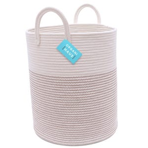 OrganiHaus XL Cotton Rope Basket | 15&quot; x 18&quot; Blanket Storage Basket with Long Handles | Extra Large Baskets (Off White/Brown Stitches)
