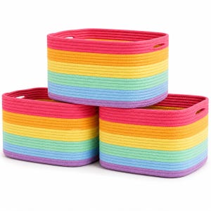 OrganiHaus Rope Storage Baskets Set of 3, Nursery Decor Organizer, 15x10x9in - Full Rainbow
