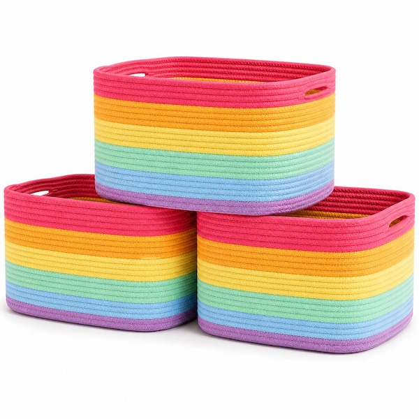 Ensemble de 3 paniers de rangement en corde OrganiHaus, décoration pour chambre d'enfant, 38 x 25 x 23 cm - Arc-en-ciel complet