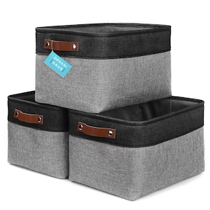 OrganiHaus Large Fabric Storage Baskets 3 Pack Closet Organizer Bins 15x11x10in Grey Black