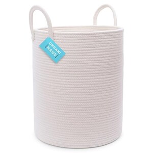 OrganiHaus XL Cotton Rope Basket | Tall 15”x18” Storage Basket with Long Handles | Decorative Large Basket for Blankets (Full Off-White)