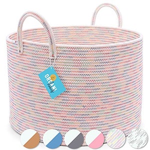 OrganiHaus XXL Cotton Rope Basket | Wide 20" x 13.3" Blanket Storage Basket with Long Handles (Wide (20"x13.3"), White w/Rainbow Stitches)