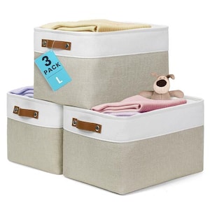 OrganiHaus Fabric Storage Baskets for Shelves - 3 Pack | Large Closet Storage Bins for Shelves | Cloth Baskets 15x11in- Beige/White