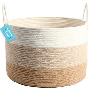 OrganiHaus XXL Cotton Rope Basket | Wide 20”x13” Storage Basket with Long Handles | Decorative Large Basket for Blankets (3-Tone Honey)