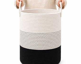 OrganiHaus XL Cotton Rope Basket in Black and Off White with Stitches | Decorative Black and White Large Basket (Tall) 15x18