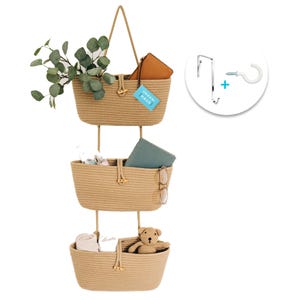 OrganiHaus Rope Over The Door Basket: 3-Tier Hanging Wall Storage - Honey