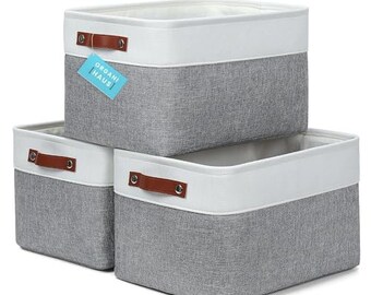 OrganiHaus Fabric Storage Baskets for Shelves - 3 Pack | Large Closet Storage Bins for Shelves | Cloth Baskets 15x11in - Gray/White