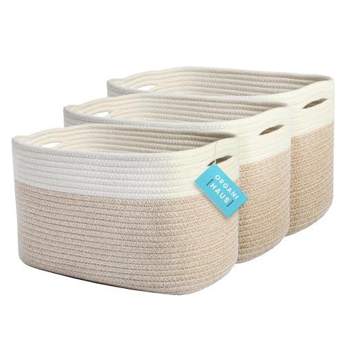 OrganiHaus Toy Storage Bins 3-Pack | Cotton Rope Basket for Storage | Woven Baskets for Storage | Towel Basket 15x9x9in - Light Honey