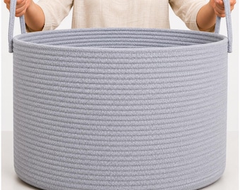OrganiHaus XXL Cotton Rope Basket | Wide 20”x13” Storage Basket with Long Handles | Decorative Large Basket for Blankets (Full Gray)