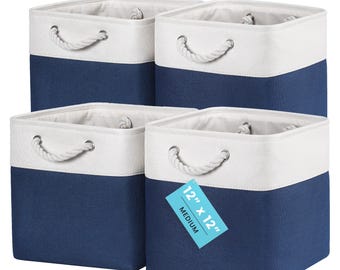 OrganiHaus Set of 4 Fabric Cubes Storage Baskets with Rope Handles 12x12 - Navy Blue Base / Off-White