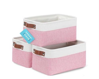 OrganiHaus Fabric Storage Baskets for Shelves - 3 Pack | Small Closet Bins for Shelves | Cloth Baskets for Organizing 12x08" - Pink/White