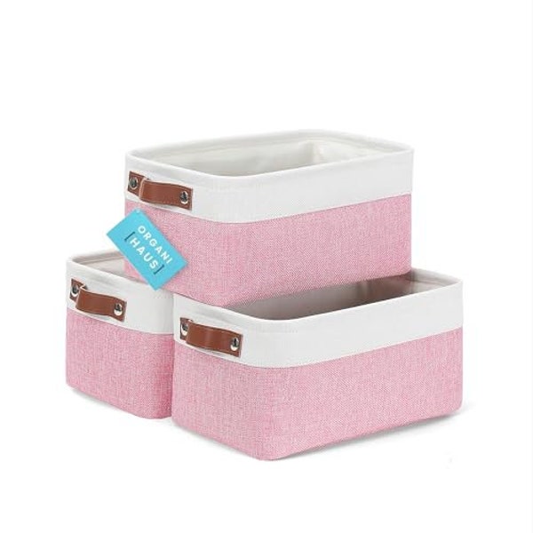 OrganiHaus Fabric Storage Baskets for Shelves - 3 Pack | Small Closet Bins for Shelves | Cloth Baskets for Organizing 12x08" - Pink/White