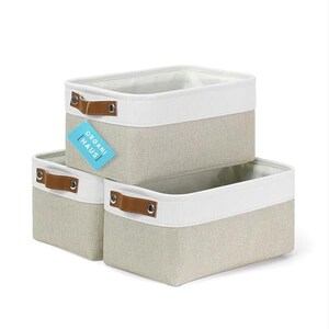 OrganiHaus Fabric Storage Baskets for Shelves - 3 Pack | Small Closet Bins for Shelves | Cloth Baskets for Organizing 12x08" - Beige/White