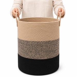 OrganiHaus XL Cotton Rope Basket: Tall 3-Tone Woven Storage Hamper