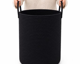 OrganiHaus XL Cotton Rope Storage Basket | Tall Blanket Holder 15”x18” - Full Black