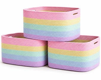 OrganiHaus Rope Storage Baskets Set of 3, Nursery Decor Organizer, 15x10x9in - Pastel Rainbow