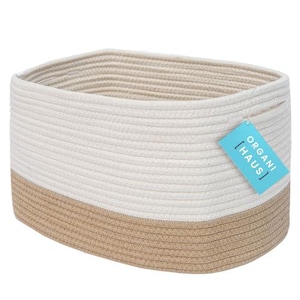 OrganiHaus Cotton Rope Storage Basket, Nursery Bathroom Organizer, 15x10x9in - Honey / Off-White