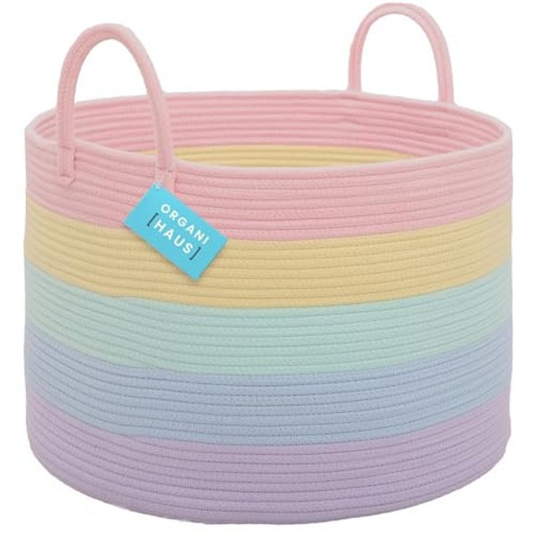 OrganiHaus Rainbow Basket for Pastel Classroom Decor | Large Cotton Rope Basket for Pastel Room Decor | Toy Storage Baskets. 20x13