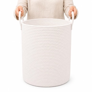 OrganiHaus XL Cotton Rope Basket | Tall 15”x18” Storage Basket with Long Handles | Decorative Large Basket for Blankets (Full Off-White)